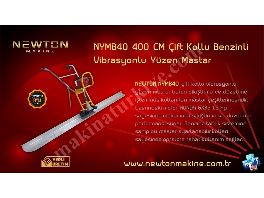 Vibrasyonlu Mastar 400 cm (Çift Kollu Benzinli Yüzen El) - Newton Makine NYMB40