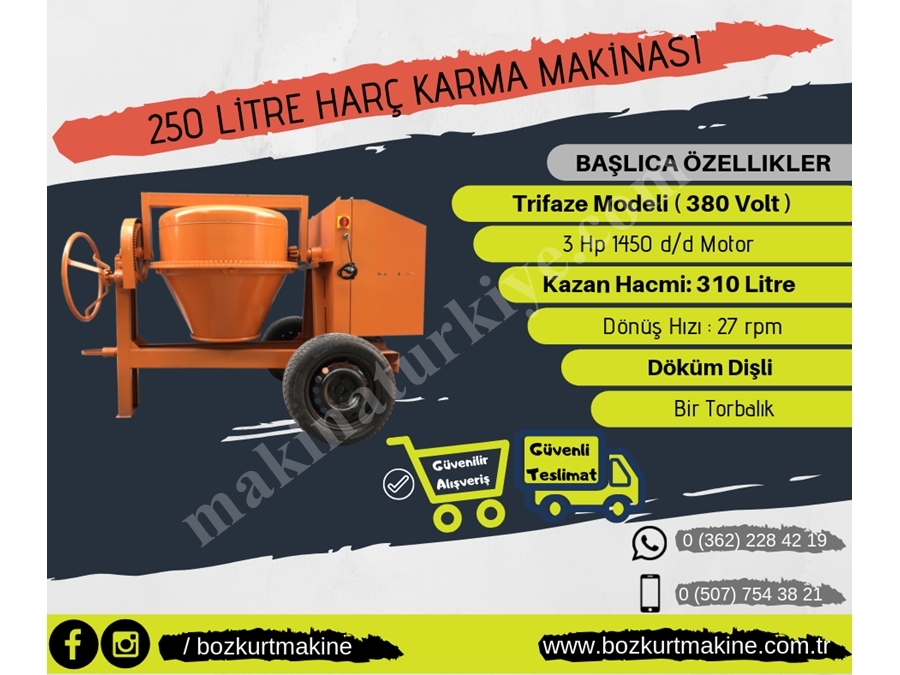 Betoniyer Harç Karma Makinası Trifaze 250 Litre 