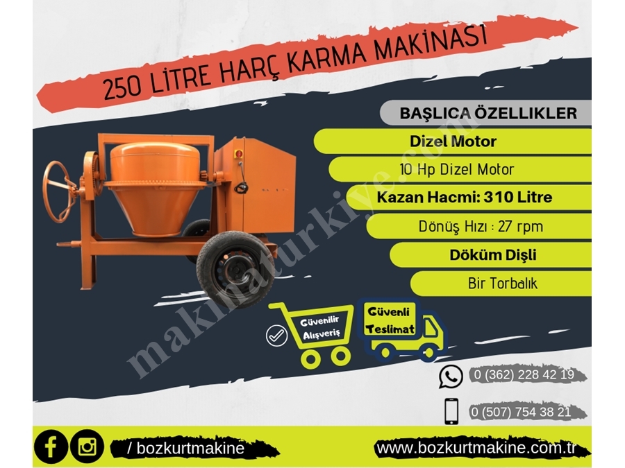 Betoniyer Harç Karma Makinası Dizel 250 Litre 