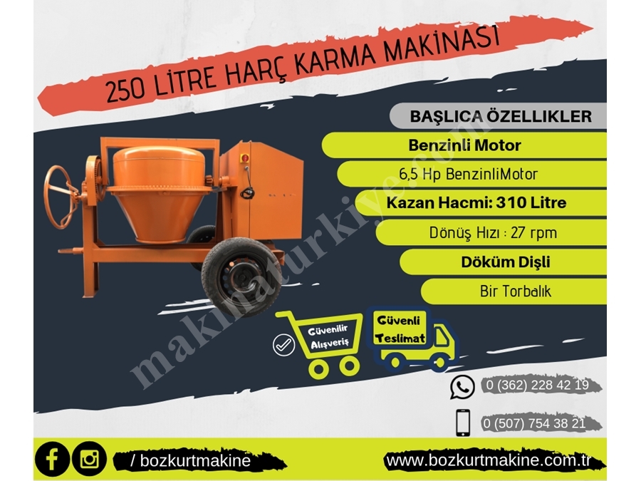 Betoniyer Harç Karma Makinası Benzinli 250 Litre 
