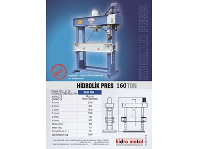 160 Ton Hidrometal Hidrolik Atölye Presi - 3