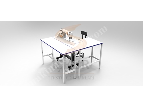 İK28 (148cmx130cm) Fertigschneidwerkstatt Linker L-Tisch und Maschinentisch vorne