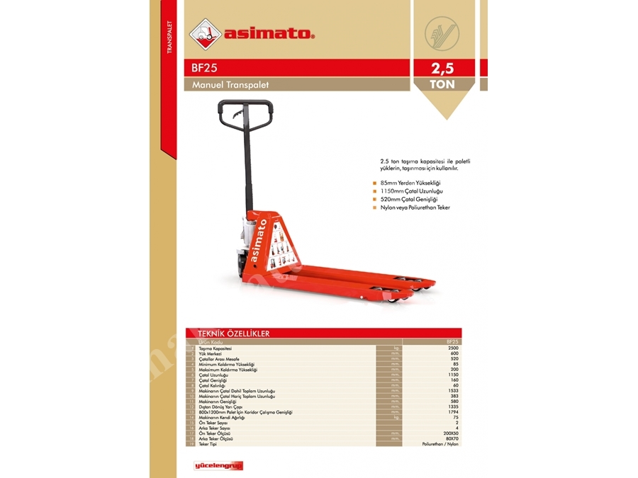 2.5 Ton 520 mm Çatal Manuel Transpalet