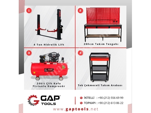 4 Ton Liftli Tezgahlı Kompresörlü 55+184 Parça Oto Servis Seti 