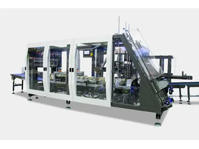 Système de palettisation robotisée pour la fabrication de boîtes, le remplissage de produits et la fermeture de boîtes à raison de 15 boîtes par minute