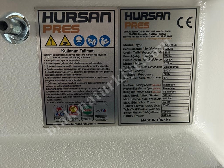 Hürsan 30 Ton Motorlu Atölye Tipi Pres