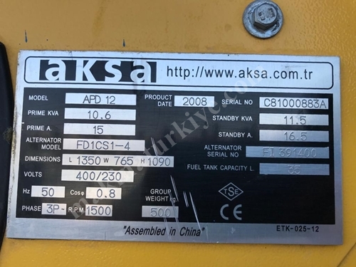 Aksa APD12 Original Group Generator, Pars Trading