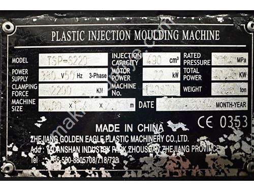 Satılık 220 Ton Komple Revizyonlu Tsp Plastik Enjeksiyon Makinesi