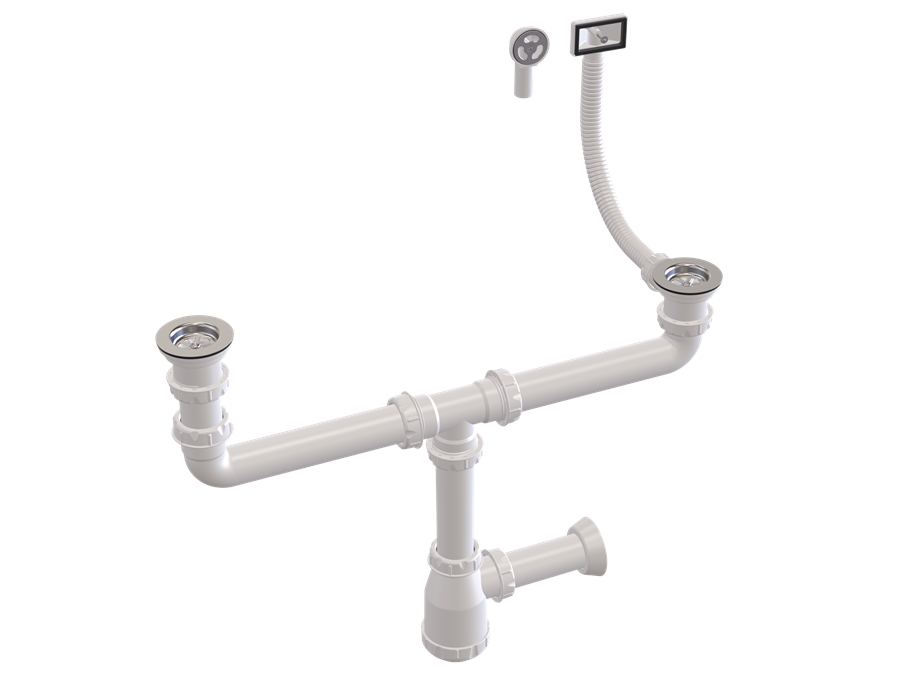 Ø32 1 1/2 X 40 - Double Bowl Sink Siphon With Adjustable Overflow Basin Pipe Or Bellows Outlet