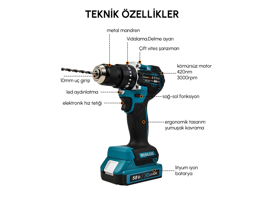 58Vf 5Ah Çelik Gövde Çelik Şanzıman Bakır Sargılı Şarjlı Vidalama Matkap