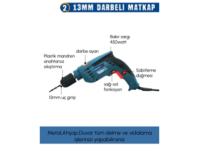 13mm Darbeli Vidalama, Kırıcı Delici Matkap ve 125mm Avuç Taşlama Elektrikli 3'Lü Set - 3