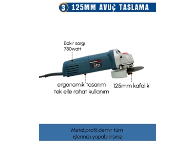 13mm Darbeli Vidalama, Kırıcı Delici Matkap ve 125mm Avuç Taşlama Elektrikli 3'Lü Set - 4