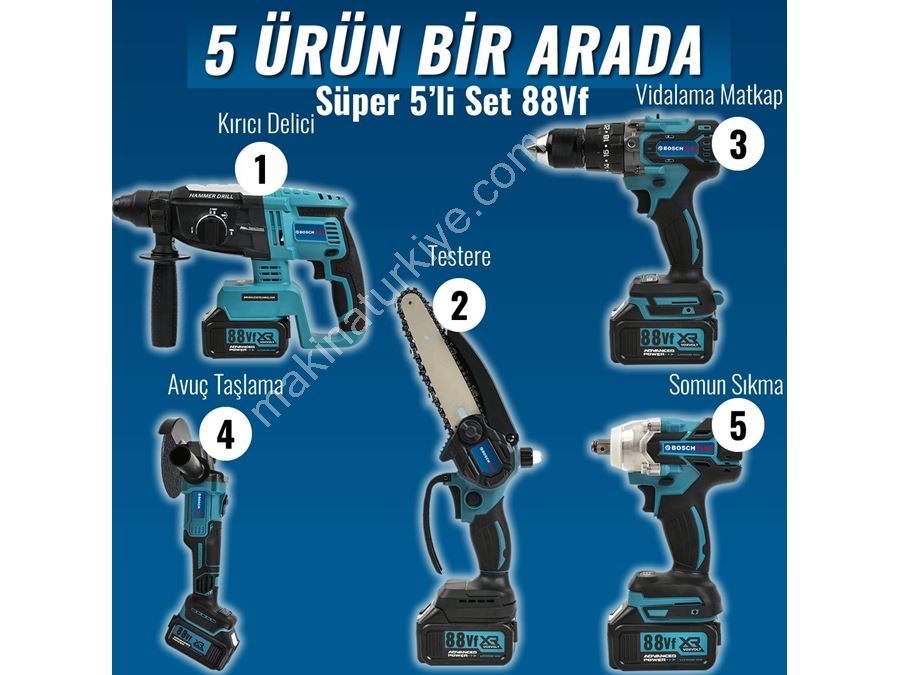 Avuç Taşlama, Kırıcı Delici Hilti, Somun Sıkma Sökme, Vidalama Matkap, Budama Testere 5'Li Set
