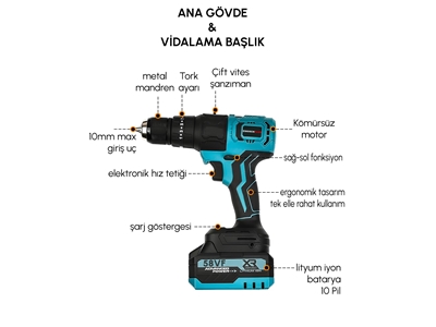 58Vf Çok Amaçlı Başlıklı Akülü Kömürsüz 13 Başlıklı Multi Makina Seti - 2