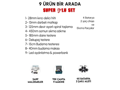 Kırıcı Delici Matkap, Avuç Taşlama, Somun Sıkma Akülü 9'Lu Set - 2