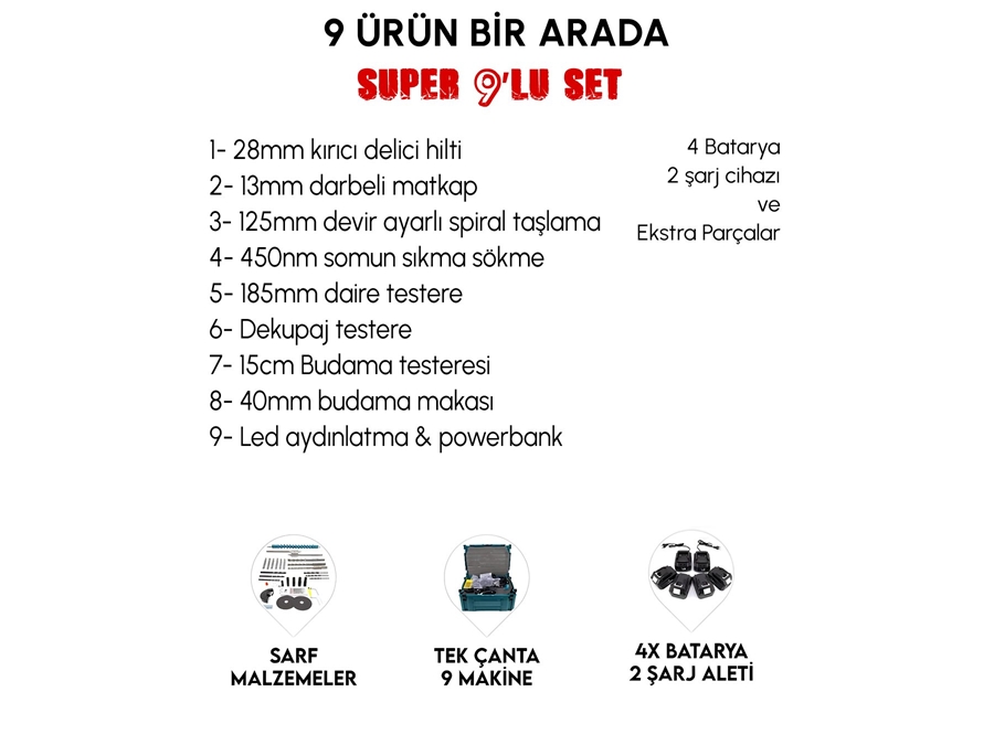 Kırıcı Delici Matkap, Avuç Taşlama, Somun Sıkma Akülü 9'Lu Set