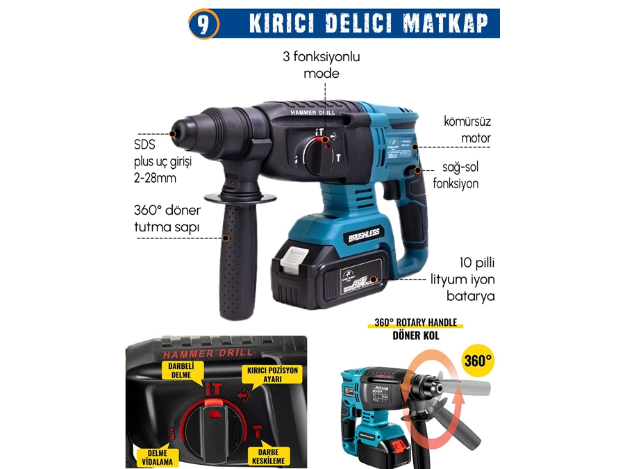 Led Işık, Lazer Metre, Somun Sıkma, Dekupaj, Oto Yıkama Akülü 10'Lu Set