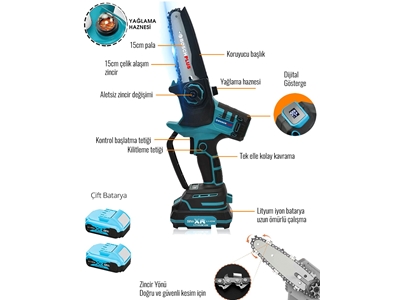 Otomatik Yağlamalı Dijital Göstergeli Şarjlı Ağaç Odun Dal Kesme Budama Testeresi - 1