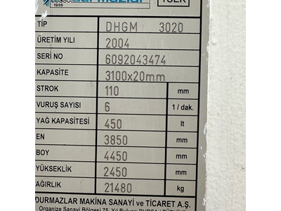 Durmazlar Brand 3 Meter 20 mm NC Hydraulic Guillotine Shear - 1