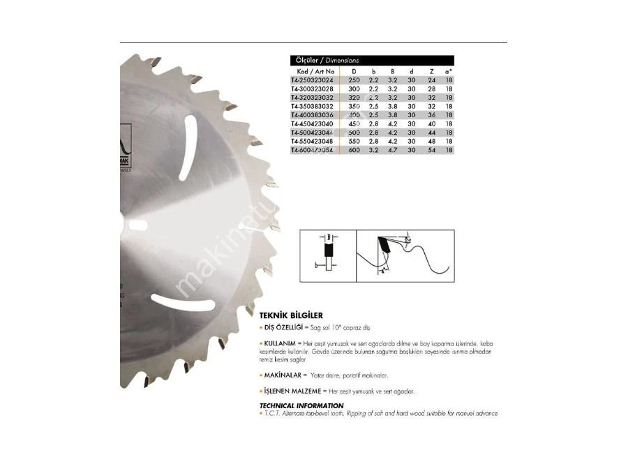 Scie circulaire à bois avec pointe en diamant et forme de denture BG 300X3.2X30 Z=28 T4-300323028