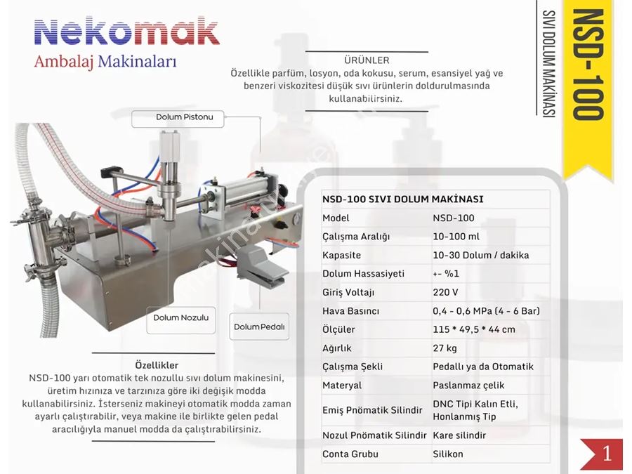 10–100 ml Tek Nozullu Yarı Otomatik Sıvı Dolum Makinası