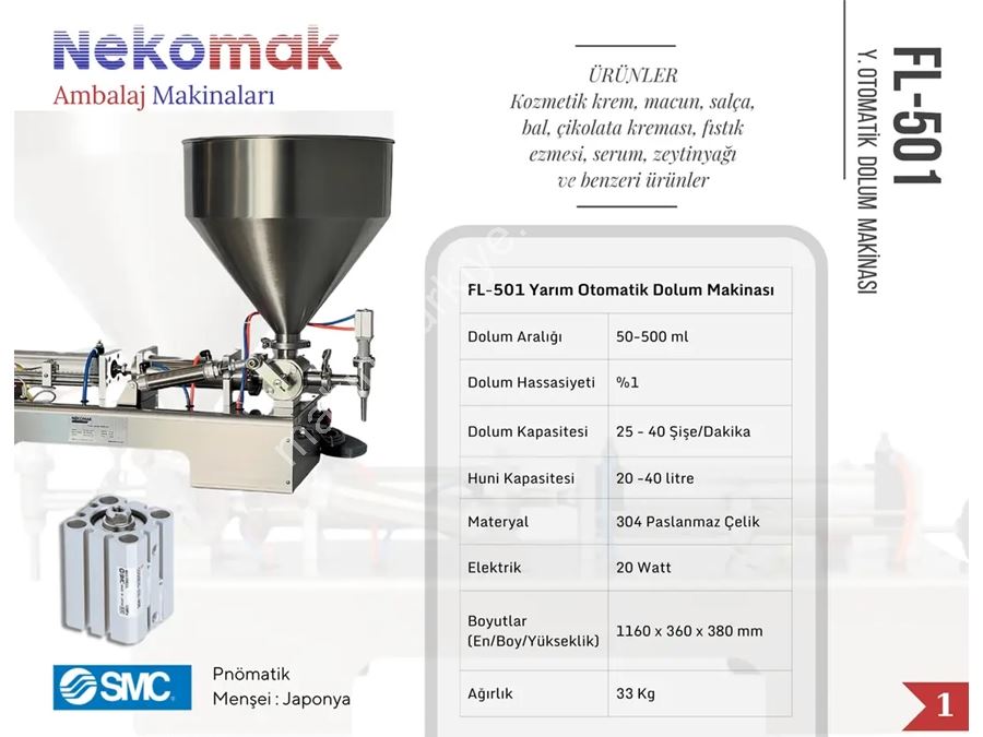 50–500 ml Tek Nozullu Yüksek Viskoziteli Yarı Otomatik Sıvı Dolum Makinası