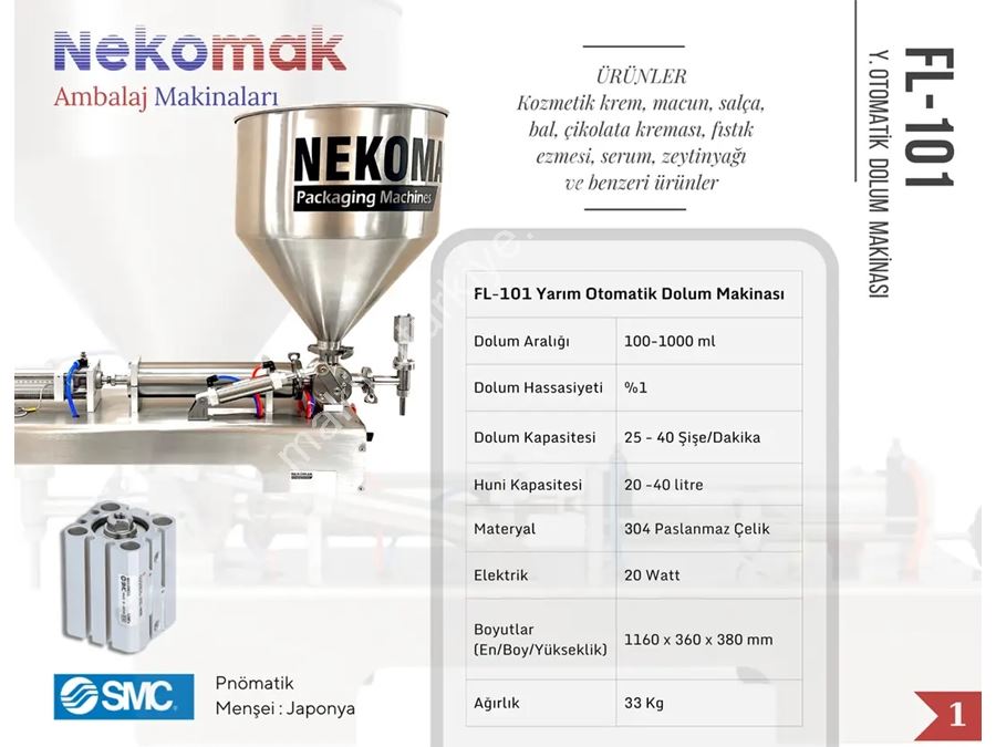 100–1000 ml Tek Nozullu Yüksek Viskoziteli Yarı Otomatik Sıvı Dolum Makinası