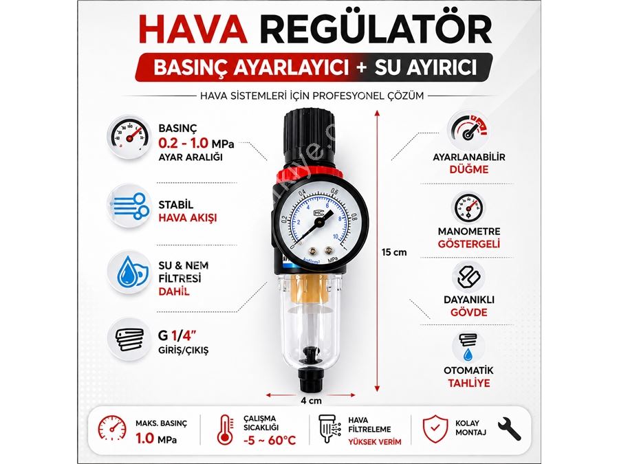 Kompresör Hava Filtre Regülatörü Su Ayırıcı Şartlandırıcı Basınç Ayarlayıcı Saatli Set