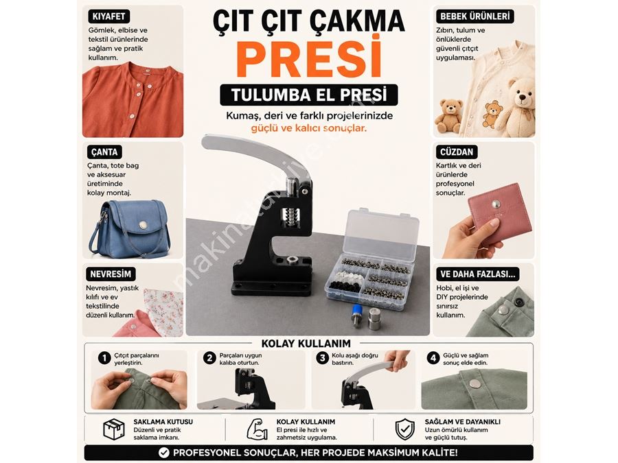 Portatif Küçük Tulumba El Presi - 150 Adet Kapaklı 12,5 Mm Metal Çıtçıt Ve Kalıp Çakım Seti