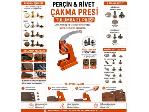 Portatif Küçük Tulumba El Presi - 240 Adet Karışık Renkli Rivet Perçin Delme Ve Çakım Seti
