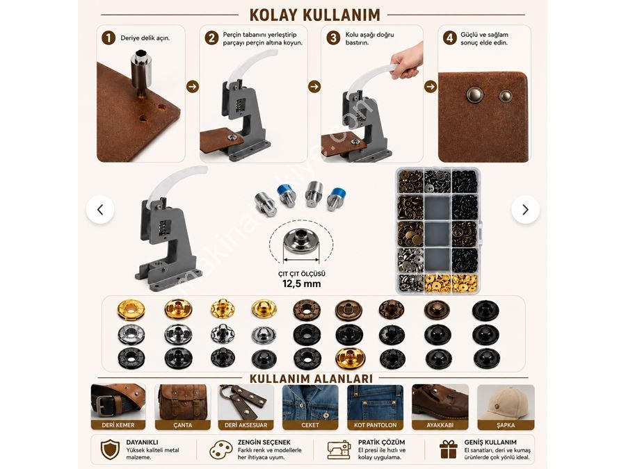 Portatif Küçük Tulumba El Presi – 120 Adet 12,5 Mm Karışık Metal Çıt Çıt Delme Ve Çakım Seti