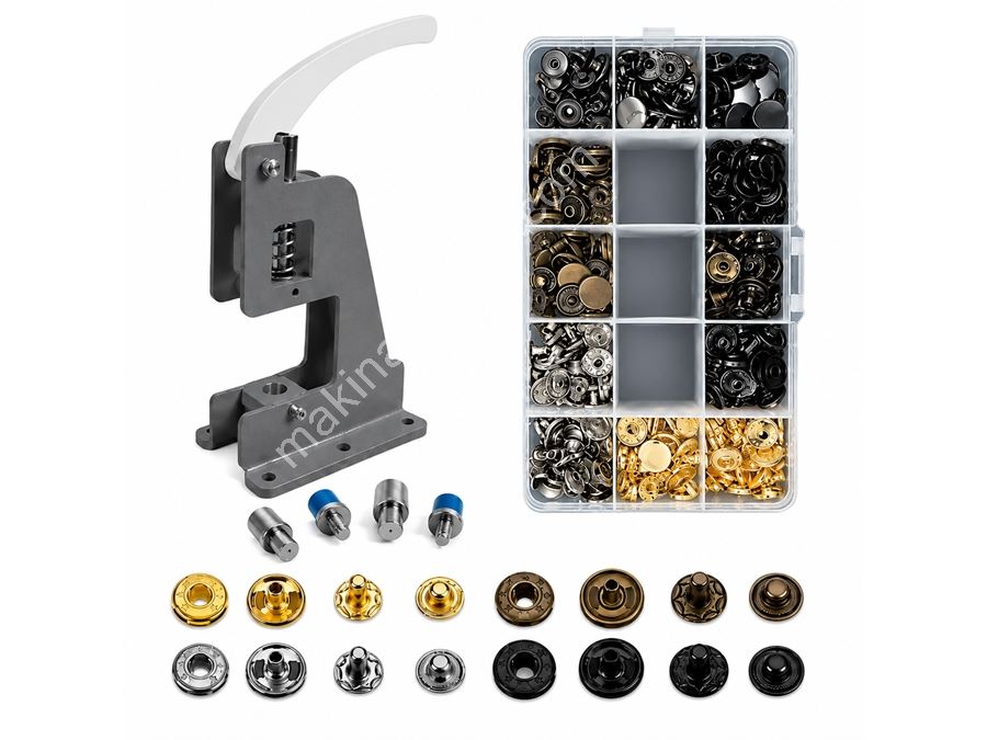 Portatif Küçük Tulumba El Presi – 120 Adet 12,5 Mm Karışık Metal Çıt Çıt Delme Ve Çakım Seti