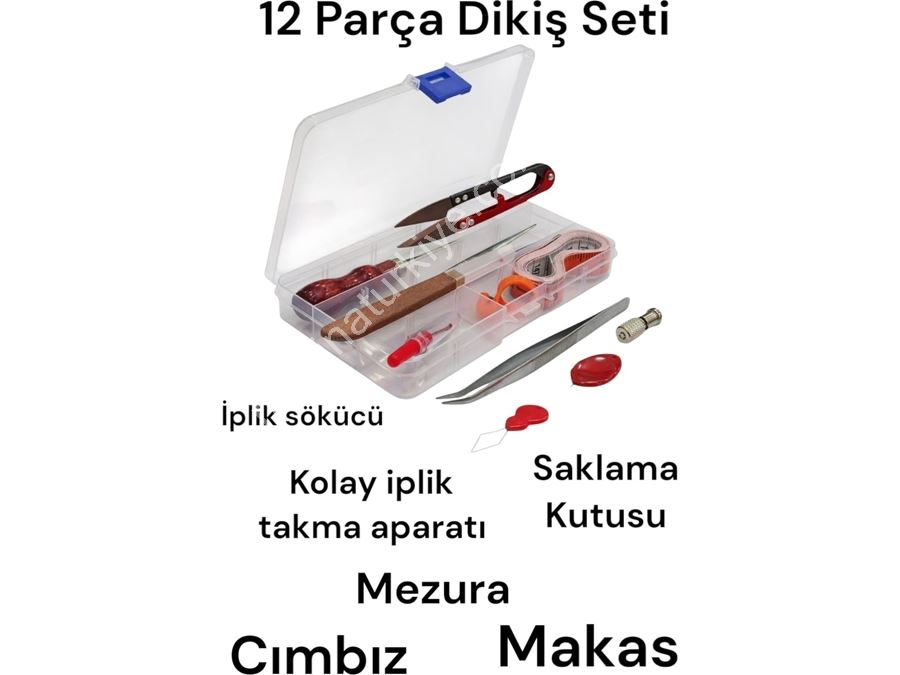 Dikiş Nakış Seti Saklama Kutulu Makas Mezura Cımbız İplik Sökücü İplik Takma Aparatı 12 Parça
